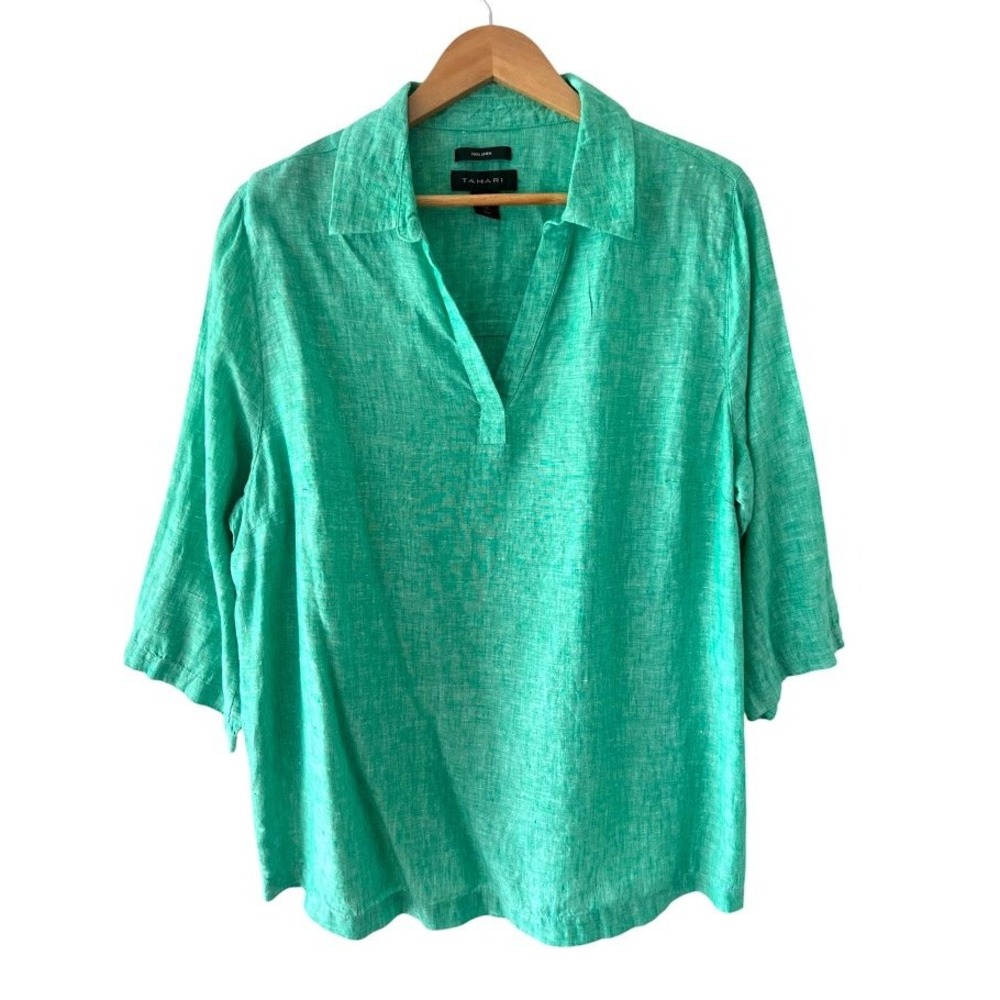 Tahari 100% Linen V-Neck Blouse Green 3/4 Sleeve Plus Size 1X Button Side Tunic
